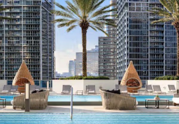 Modern rooftop pool with lounge chairs and palm trees amid city skyscrapers.