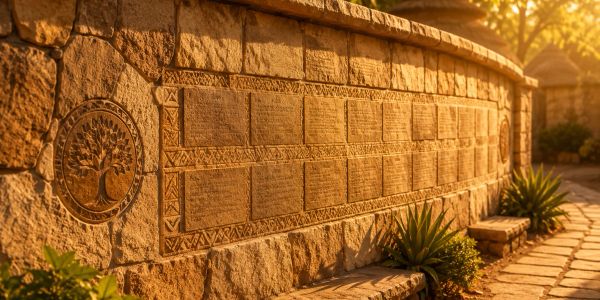 Stone memorial wall bathed in warm sunlight.
