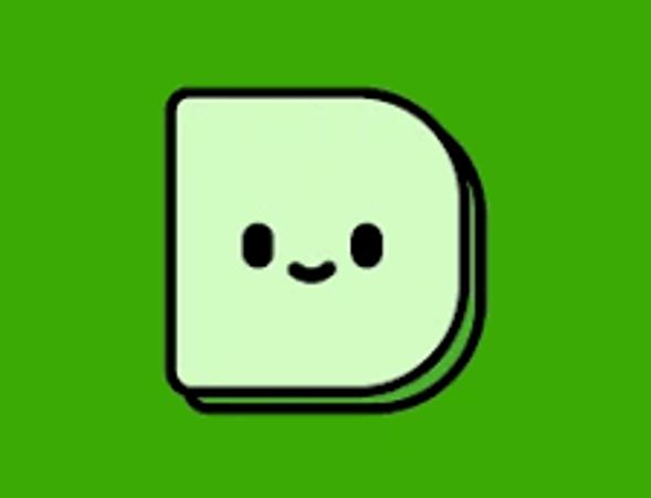 Cute green square character with a smiling face on a bright green background.