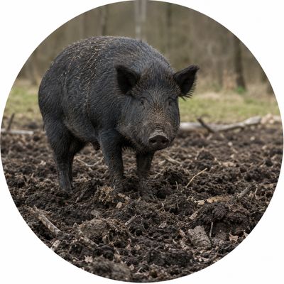 A black wild boar standing on muddy ground in a forest.