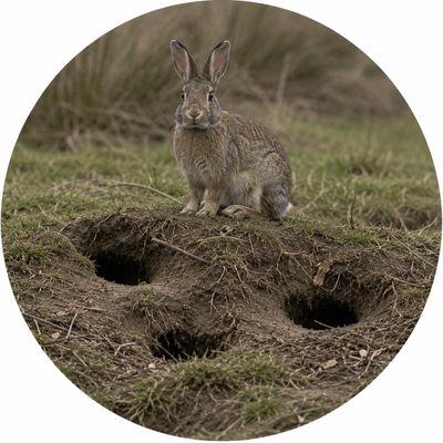 A rabbit sitting near multiple burrow entrances in a grassy area.