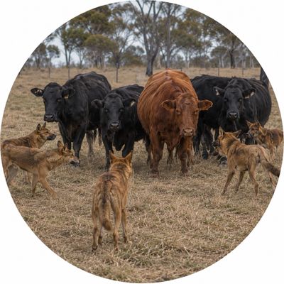 A group of cows and wild dogs face each other in a dry field.