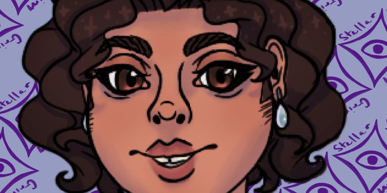 Close-up digital portrait of a person with curly brown hair and brown eyes.
