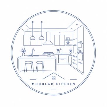 Line art of a modern modular kitchen layout with island and cabinets.