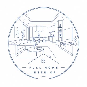 Line art of a modern living room and dining area interior design.