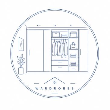 Minimalist wardrobe illustration with hanging clothes and shelves in a circular frame.