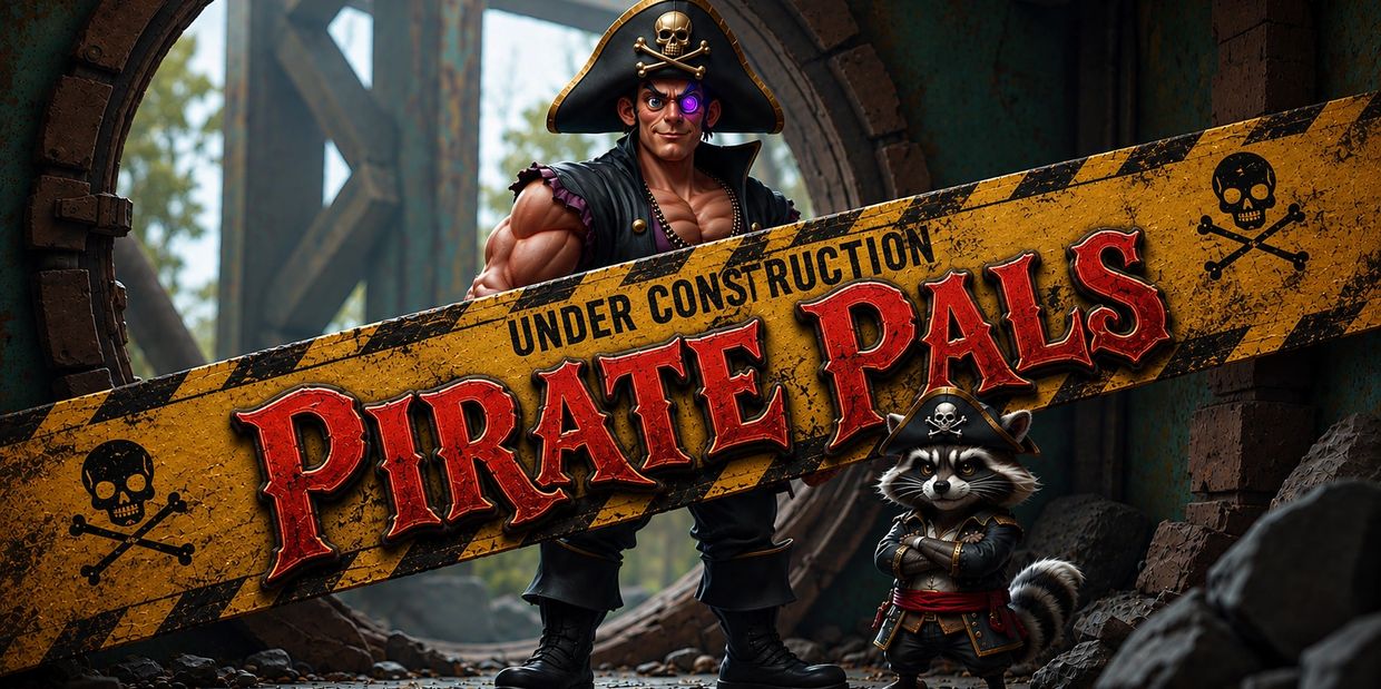 Muscular pirate and raccoon with pirate hats holding a "Pirate Pals Under Construction" sign.
