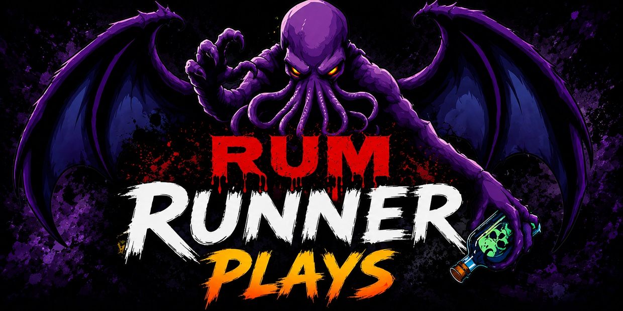 Purple Cthulhu-like creature with wings holding a bottle, text 'Rum Runner Plays'.