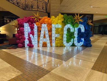 Colorful NA FCC balloon decoration with lights.