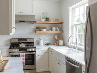 A very nicely organized kitchen. Clean & sanitized and neatly arranged.
