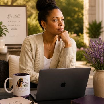 Woman thoughtfully working on a laptop in a cozy outdoor setting.