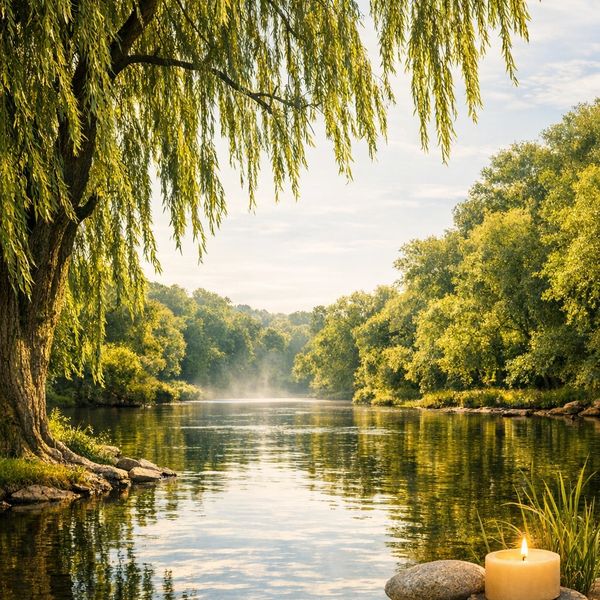 Peaceful river scene with lush trees and a lit candle by the water.