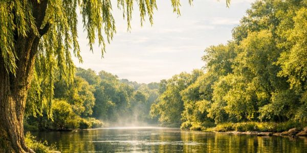 Peaceful river scene with lush trees and a lit candle by the water.