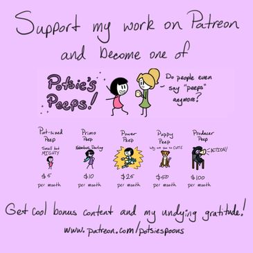 A purple image that says "Support my work on Patreon and become one of Potsie's Peeps!"
