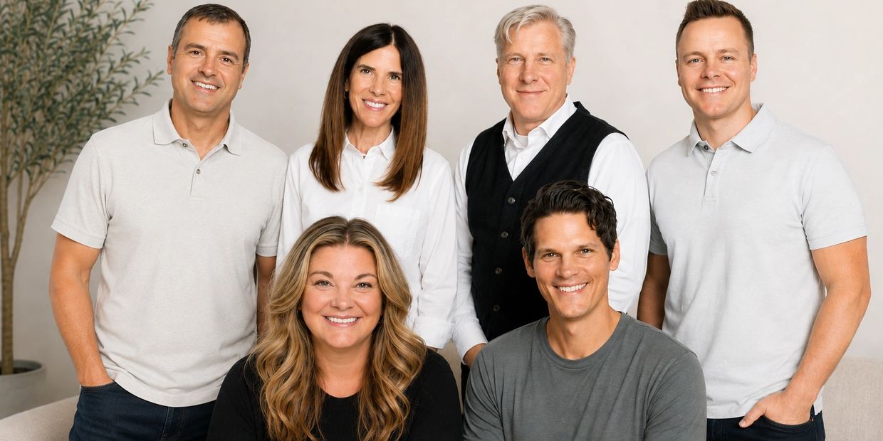 A group of six smiling adults posing indoors against a neutral backdrop.