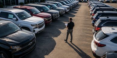 A man inspects rows of SUVs in a dealership lot.