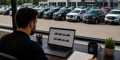 Man working on laptop at car dealership.