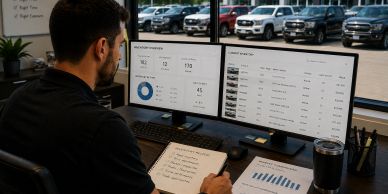 Man working with data on dual monitors in office.