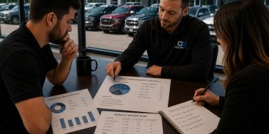 Three professionals discussing charts and graphs at a table.