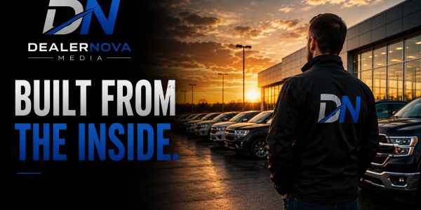 Man wearing DealerNova jacket at sunset by cars.
