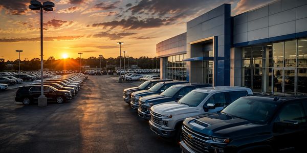 Car dealership lot at sunset with parked cars.