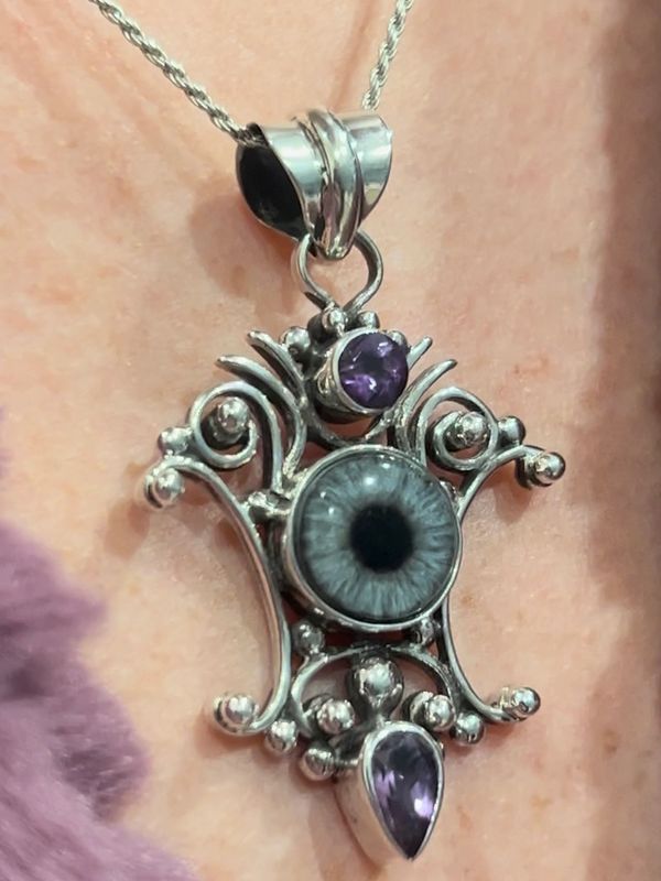One-of-a-kind eye jewelry, 925 silver, gems, custom painted eye.