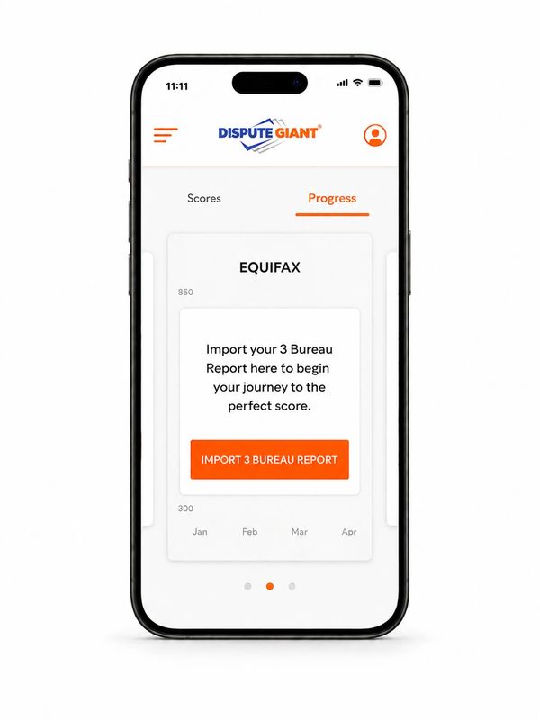 Mobile app screen prompting import of 3 bureau credit report for score progress.