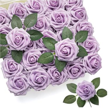 A bouquet of lavender-colored roses with green leaves.