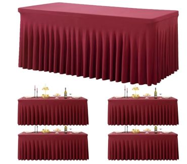 Elegant maroon banquet table cover with pleated skirt design.