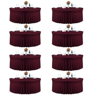 Eight identical tables with burgundy tablecloths and floral centerpieces.