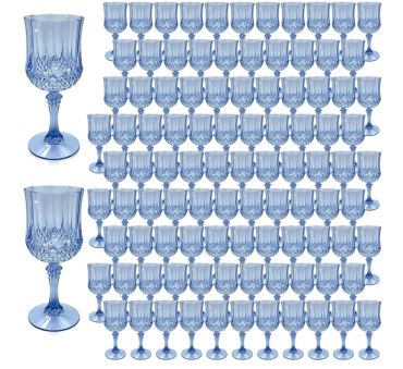 Set of many blue crystal wine glasses with intricate cut designs.