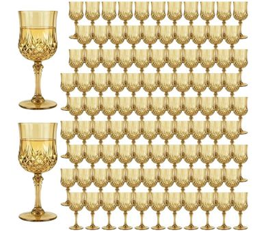 Set of 72 elegant amber-colored wine glasses with intricate cut designs.