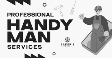 Professional handyman services by Baker's Home Fixers with a friendly worker illustration.