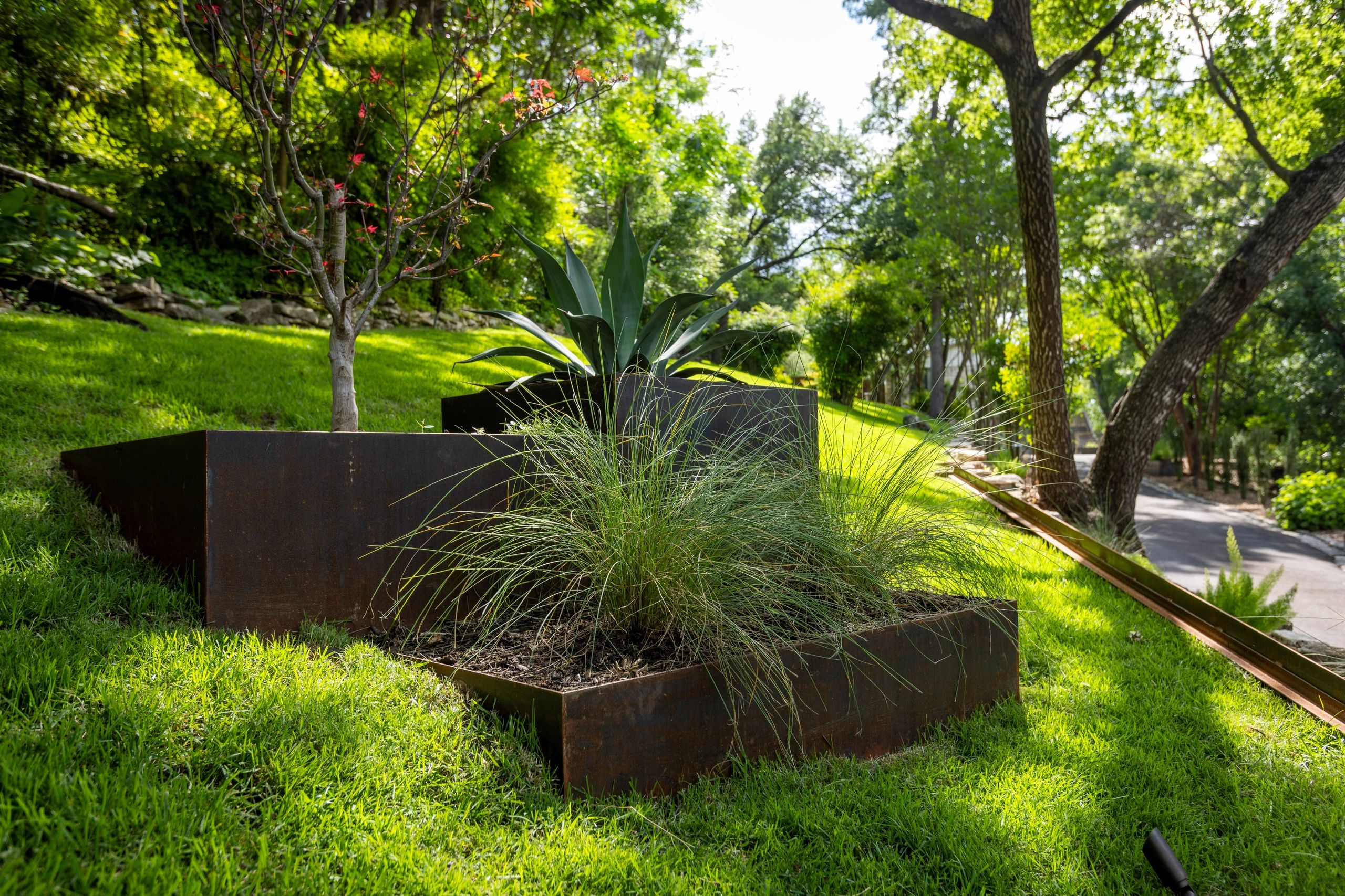 Modern Steel planter designed with native plants on a hillside in Liberty Hill, Tx
