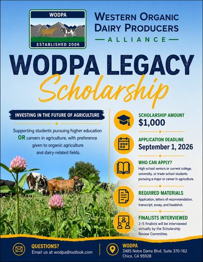 Poster for WODPA Legacy Scholarship supporting organic agriculture students.