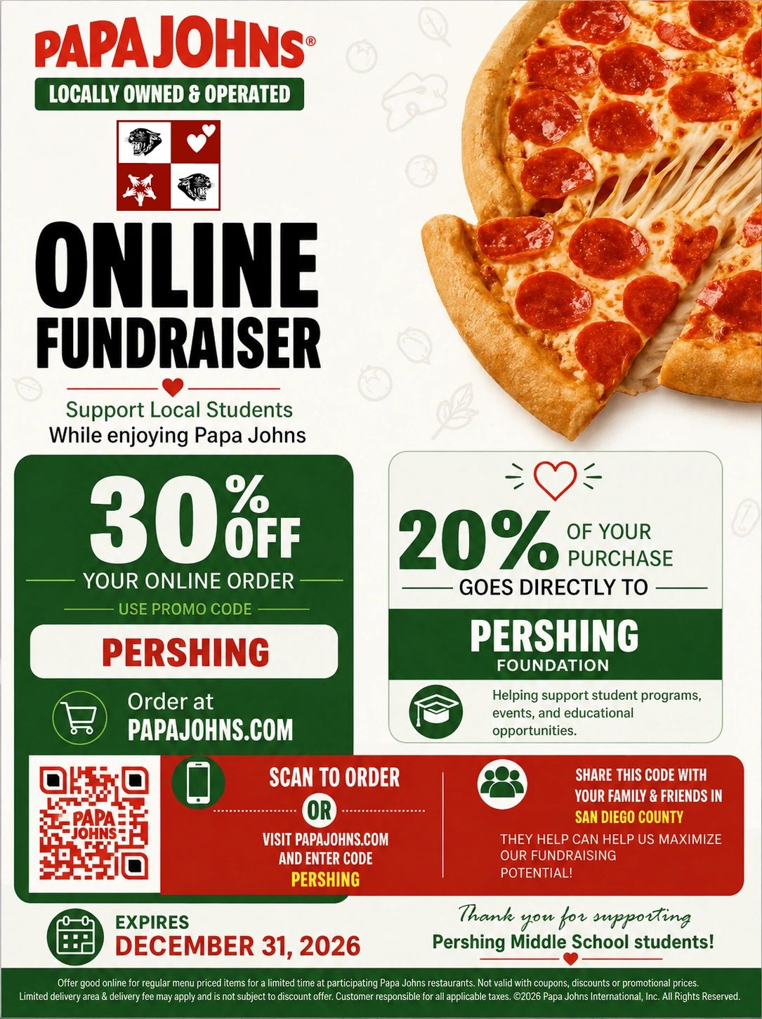 Papa Johns online fundraiser for Pershing Foundation with 30% off using promo code PERSHING.