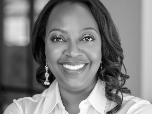 A smiling woman with earrings in a black and white portrait.