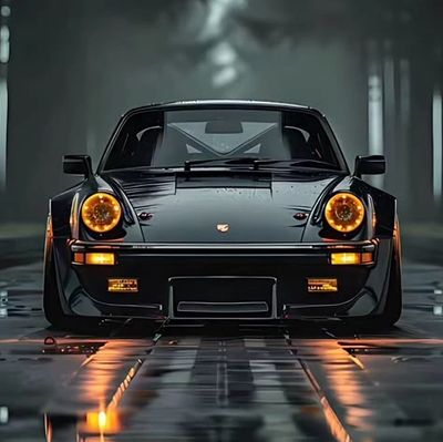 Sleek black Porsche with glowing orange headlights.