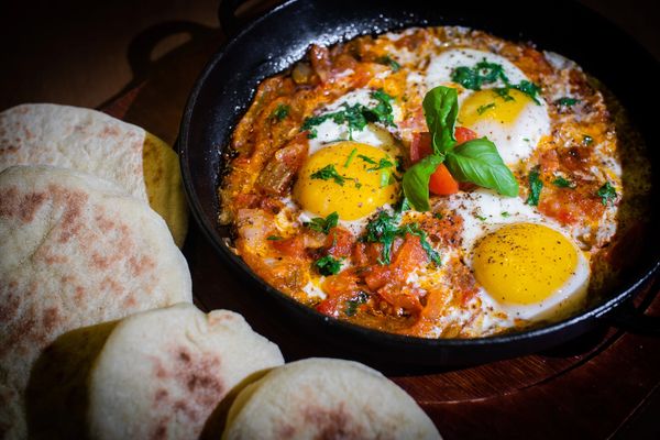 Shakshouka with eggs and homemade Batbot