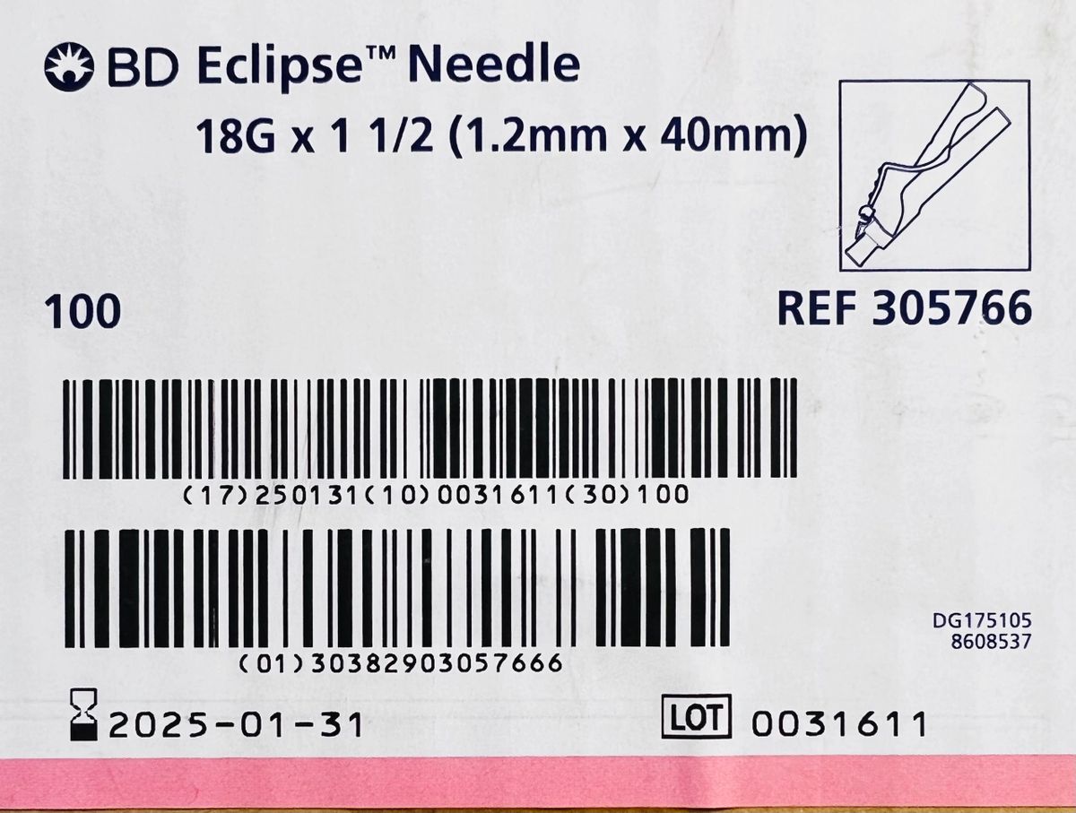 BD 305766 Eclipse Needle for Luer Lok Syringe 18Gx11/2in