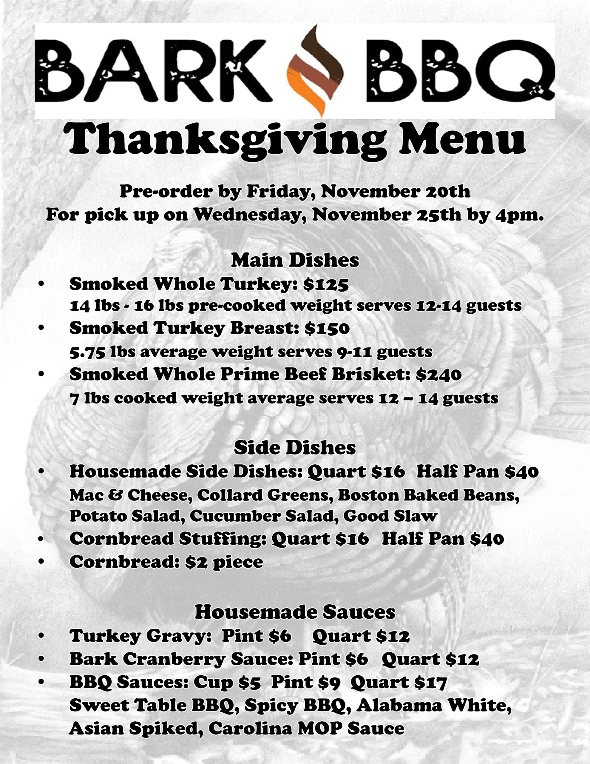 Bark BBQ Thanksgiving menu with pre-order details and prices.