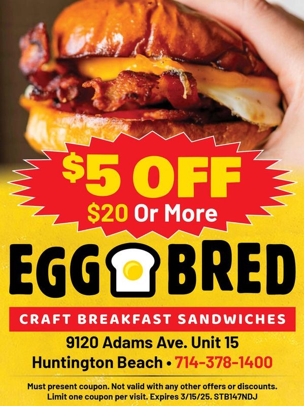 Coupon - $5 off purchase of $20 or more at EggBred Huntington Beach