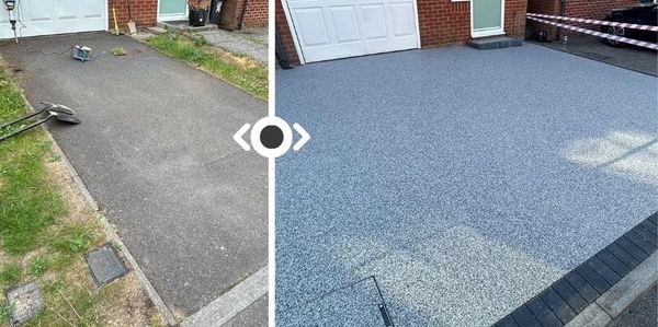 resin driveway installation with clean, modern finish replacing overgrown tired weed infested one