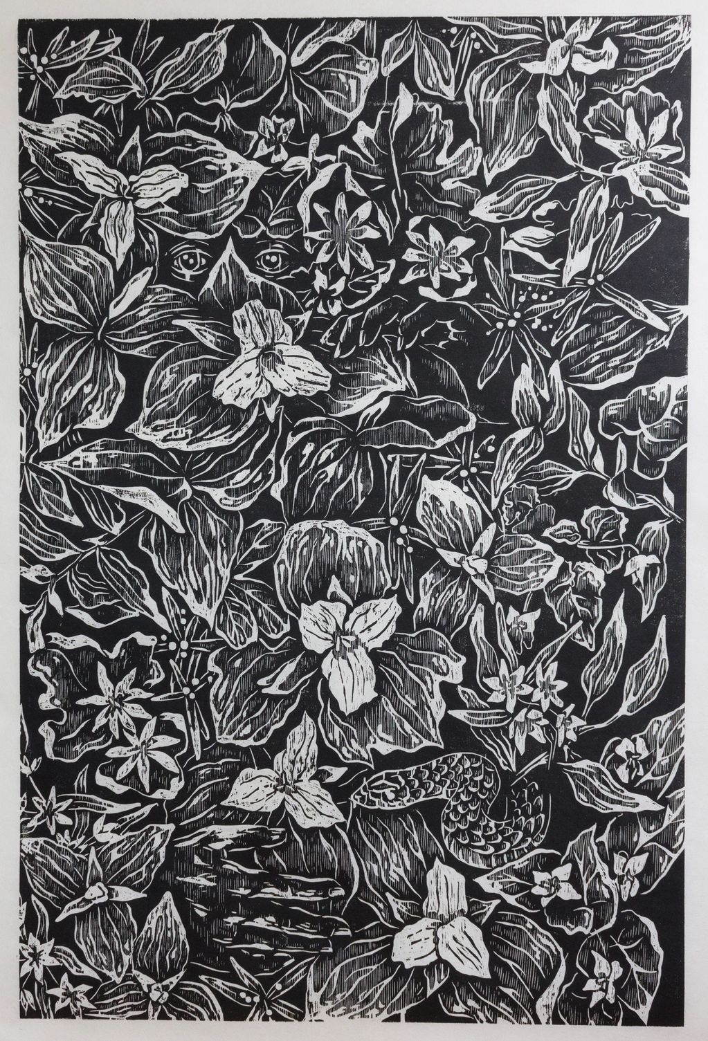 woodcut print of spring wildflowers with a snake, hands and eyes hidden in the foliage