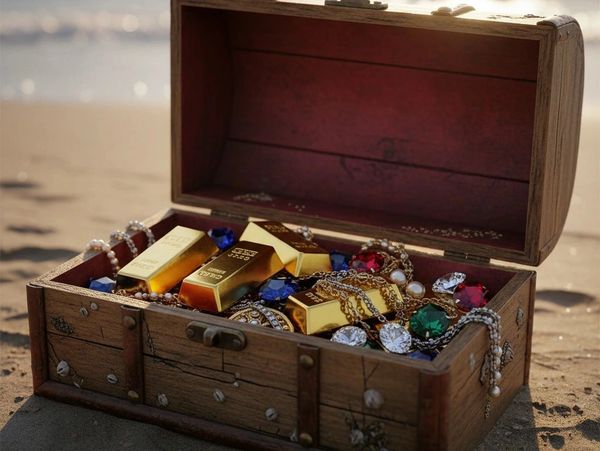 Open treasure chest filled with gold bars, gems, and jewelry on a sandy beach.