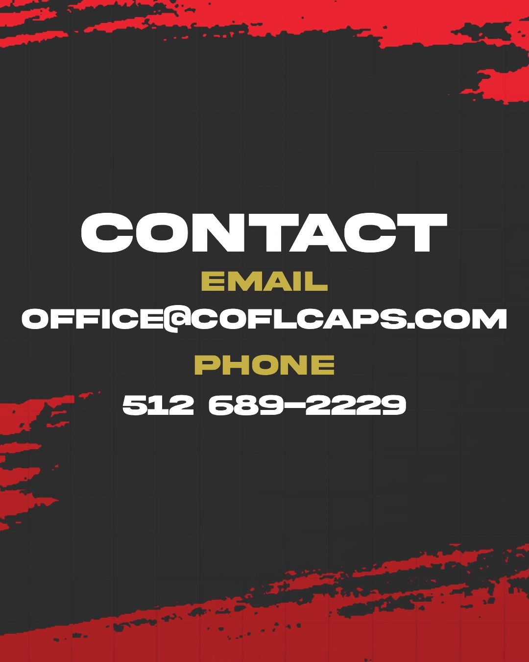Contact details with email and phone on a dark background with red accents.