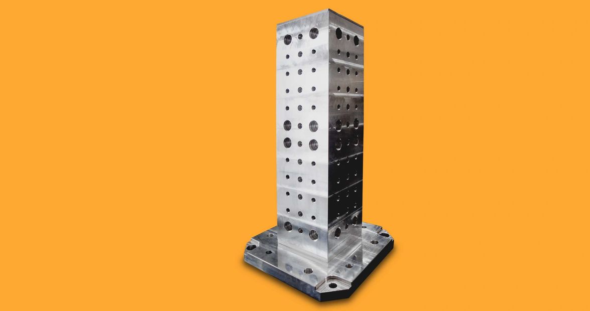 Square Aluminum Tooling Column with a combination of Ball Lock, QLS bushings and threaded holes.