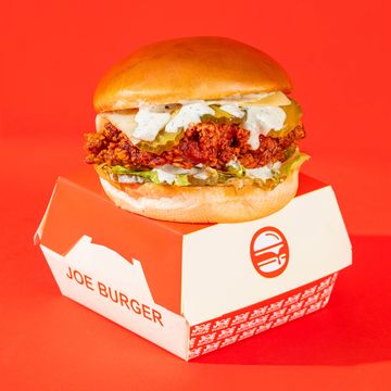 Spicy fried chicken sandwich with pickles and creamy sauce on a soft bun.