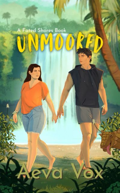 A couple holding hands in front of a waterfall on the book cover of 'Unmoored' by Aeva Vox.