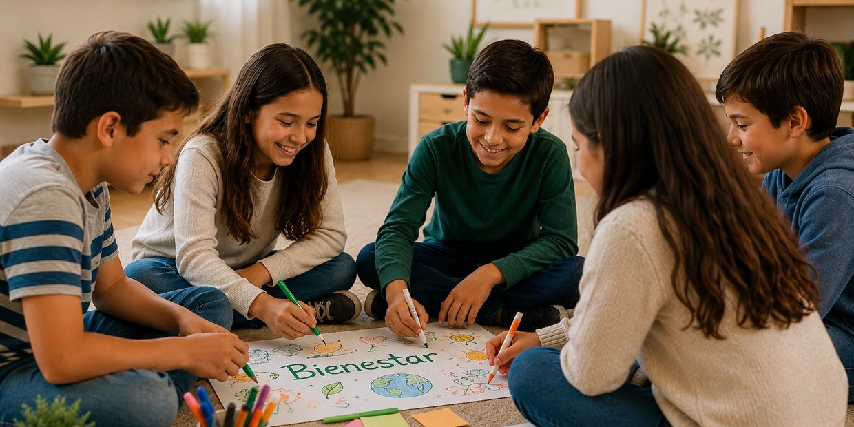 Niños dibujando un cartel de bienestar.